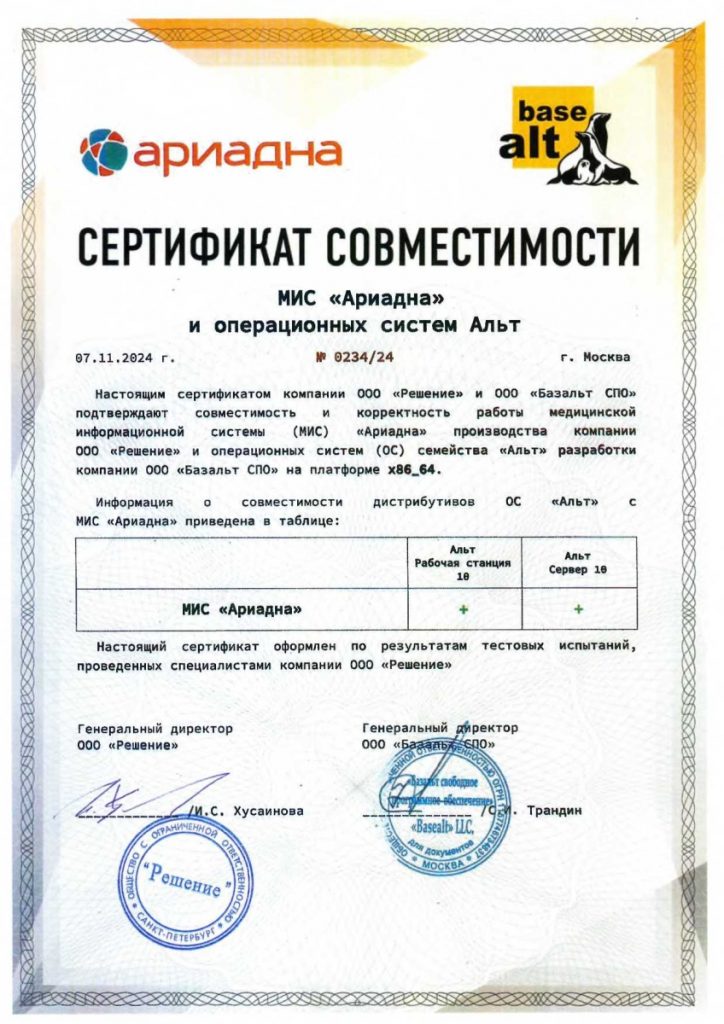 Сертификат совместимости с ОС «Альт» 2024